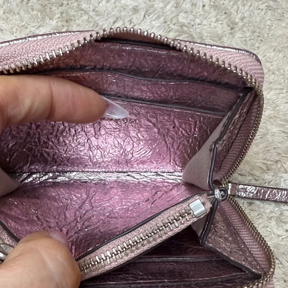 Tory Burch Pink Metallic Small Kira Moto Quilted Zip Around Wallet